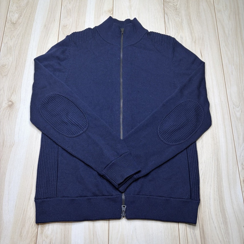 Theory Men's Full Zip Ribbed Cardigan Wool Sweater Knit Mock Neck Blue XL